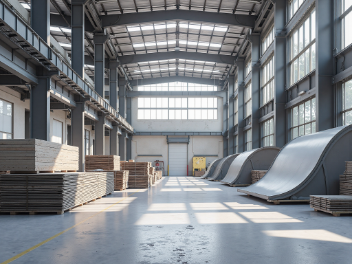 大型工业厂房建筑,钢结构框架结构,宽敞明亮的车间内部,现代化生产设备整齐排列