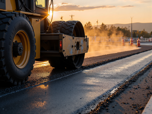 城市道路施工现场,大型工程机械正在作业,路面平整宽阔,路灯设施完善
